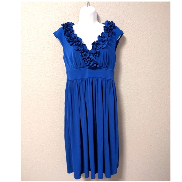 Maggy London Dress Royal Blue Ruffle V Neck sz.6 - Picture 1 of 14